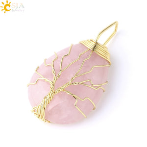 CSJA Tree of Life Necklace Natural Stone Pendant Gold Color Wire Wrap Gem Pink Quartz Tiger Eye Green Aventurine Suspension E585