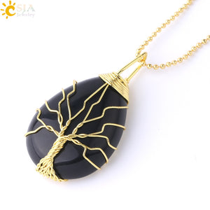 CSJA Tree of Life Necklace Natural Stone Pendant Gold Color Wire Wrap Gem Pink Quartz Tiger Eye Green Aventurine Suspension E585