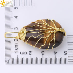 CSJA Tree of Life Necklace Natural Stone Pendant Gold Color Wire Wrap Gem Pink Quartz Tiger Eye Green Aventurine Suspension E585