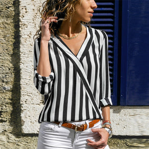 Women Striped V-neck Casual Tops