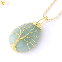 Load image into Gallery viewer, CSJA Tree of Life Necklace Natural Stone Pendant Gold Color Wire Wrap Gem Pink Quartz Tiger Eye Green Aventurine Suspension E585