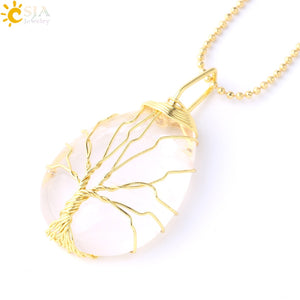 CSJA Tree of Life Necklace Natural Stone Pendant Gold Color Wire Wrap Gem Pink Quartz Tiger Eye Green Aventurine Suspension E585