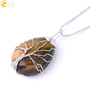 CSJA Tree of Life Necklace Natural Stone Pendant Gold Color Wire Wrap Gem Pink Quartz Tiger Eye Green Aventurine Suspension E585