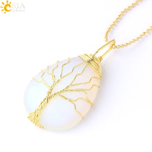 Load image into Gallery viewer, CSJA Tree of Life Necklace Natural Stone Pendant Gold Color Wire Wrap Gem Pink Quartz Tiger Eye Green Aventurine Suspension E585