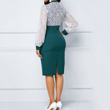 Load image into Gallery viewer, Elegant Women Dress Blue Lace Puff Sleeve Bodycon Dress Office Lady Work Green Midi Dresses