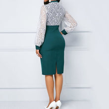 Load image into Gallery viewer, Elegant Women Dress Blue Lace Puff Sleeve Bodycon Dress Office Lady Work Green Midi Dresses