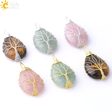 Load image into Gallery viewer, CSJA Tree of Life Necklace Natural Stone Pendant Gold Color Wire Wrap Gem Pink Quartz Tiger Eye Green Aventurine Suspension E585