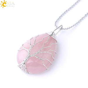 CSJA Tree of Life Necklace Natural Stone Pendant Gold Color Wire Wrap Gem Pink Quartz Tiger Eye Green Aventurine Suspension E585