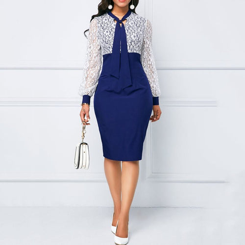 Elegant Women Dress Blue Lace Puff Sleeve Bodycon Dress Office Lady Work Green Midi Dresses