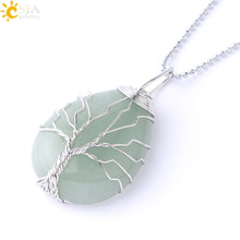 Load image into Gallery viewer, CSJA Tree of Life Necklace Natural Stone Pendant Gold Color Wire Wrap Gem Pink Quartz Tiger Eye Green Aventurine Suspension E585