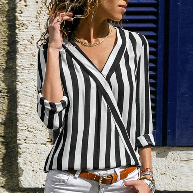 Women Striped V-neck Casual Tops