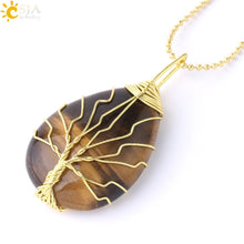 Load image into Gallery viewer, CSJA Tree of Life Necklace Natural Stone Pendant Gold Color Wire Wrap Gem Pink Quartz Tiger Eye Green Aventurine Suspension E585